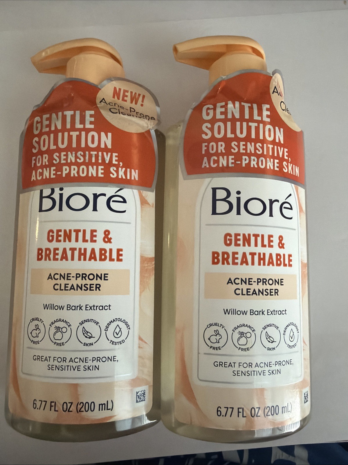2-Pk Biore Gentle & Breathable Acne-Prone Cleanser 6.77 Fl Oz. Sensitive Skin