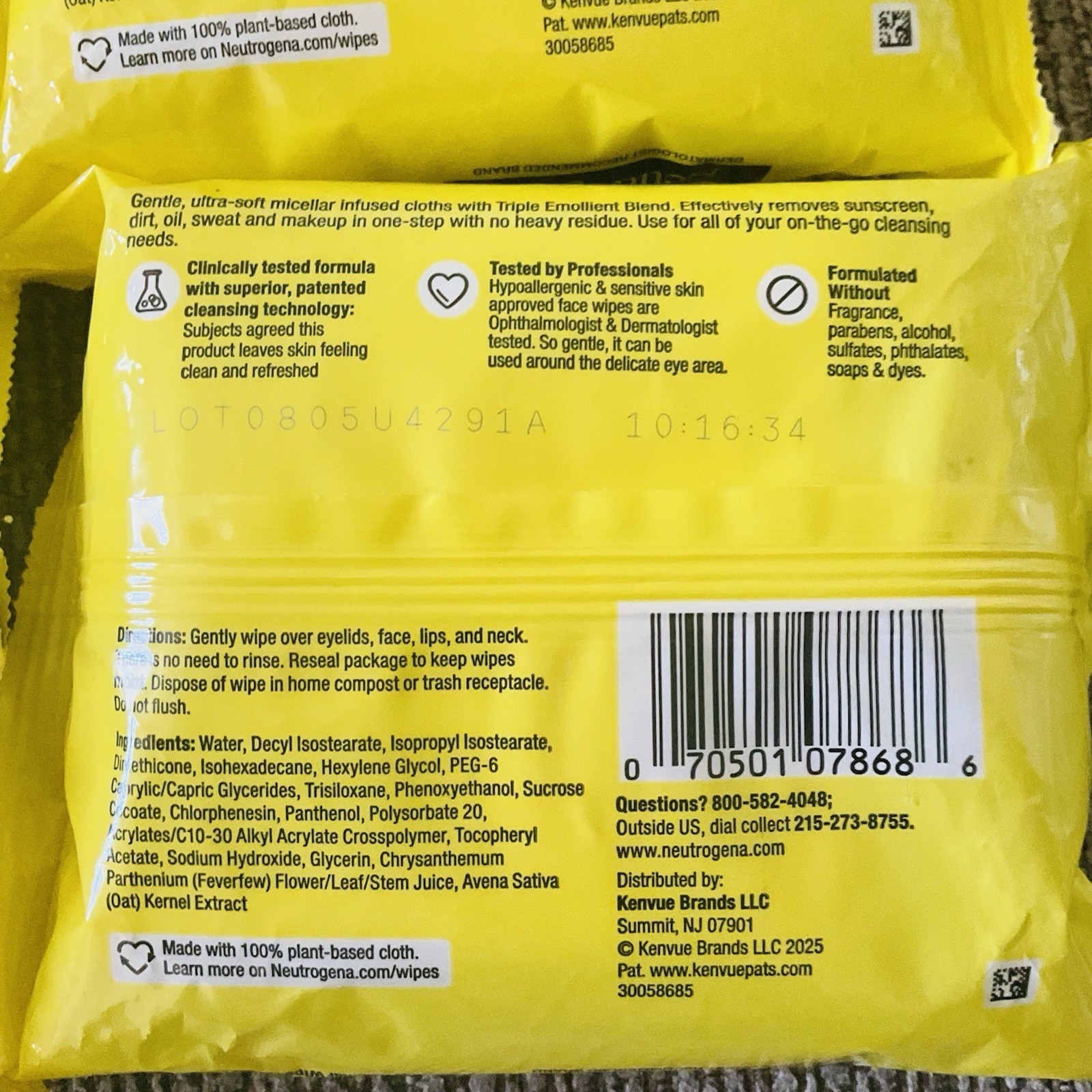 6 Count Neutrogena Ultra-Soft Fragrance-Free Micellar Cleansing Wipes 25 Count