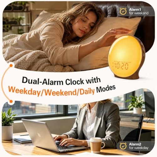 Full-Screen Wake Up Light Sunrise Alarm Clocks for Bedrooms, White Walnut Wood