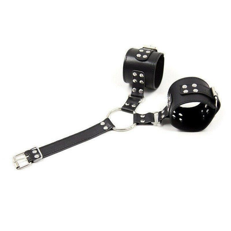 PU Leather Arm Behind Back Restraint Bondage Neck Collar Handcuffs Wrist Slave