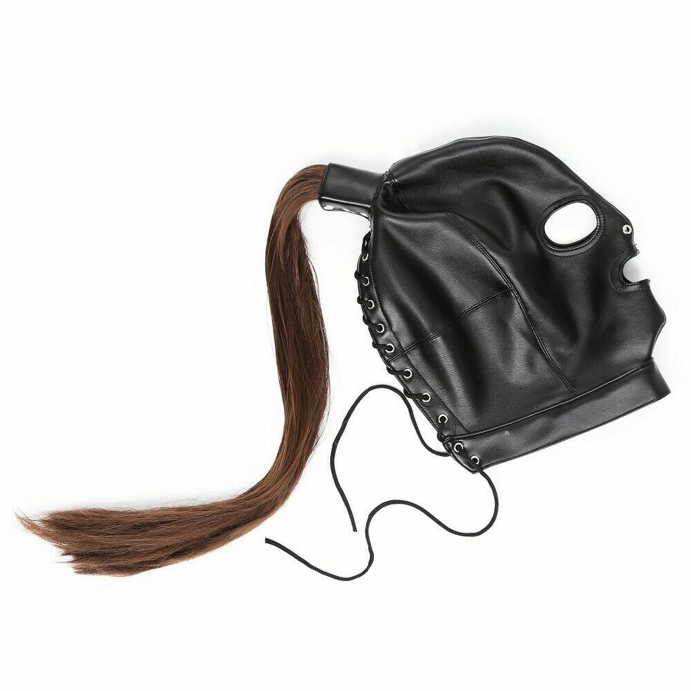 Adult unisex PU Leather Gimp Head Harness Headgear Hood party Mask ponytail wigs
