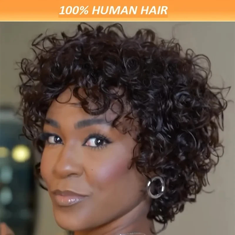 Short Black Curly 100% Human Hair Wigs with Bangs Pixie Cut Afro Curly Wigs