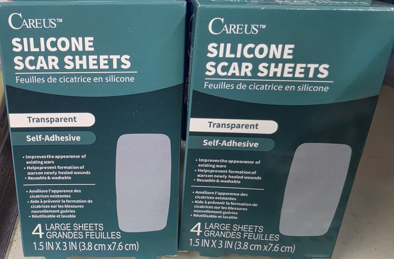 Careus Silicone Scar Sheets Transparent Self-Adhesive Reusable 4ct 1.5x3in (2)