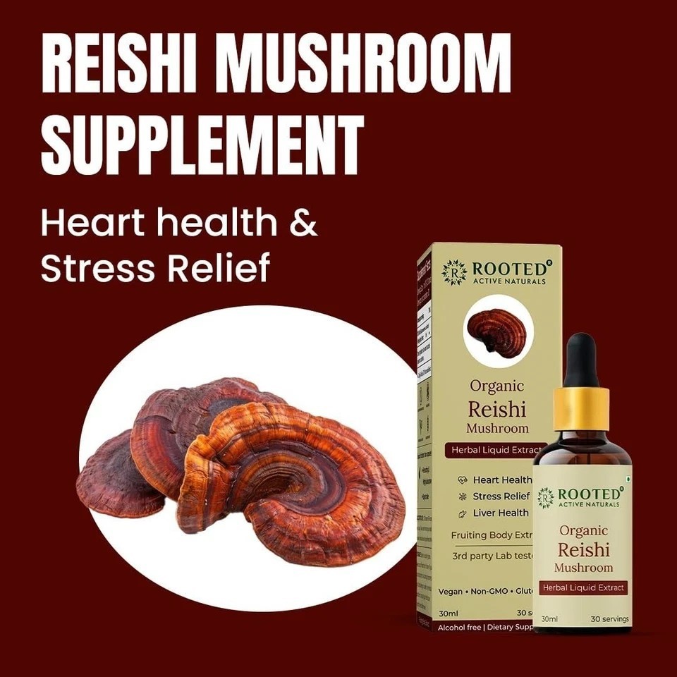 Rooted Actives Organic Reishi Mushroom Liquid Extract (30 ML, 30 Servings)