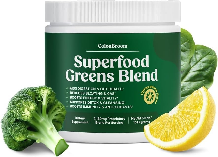 ColonBroom Greens Powder with Probiotics, Spirulina & Chlorella – Citrus Punch