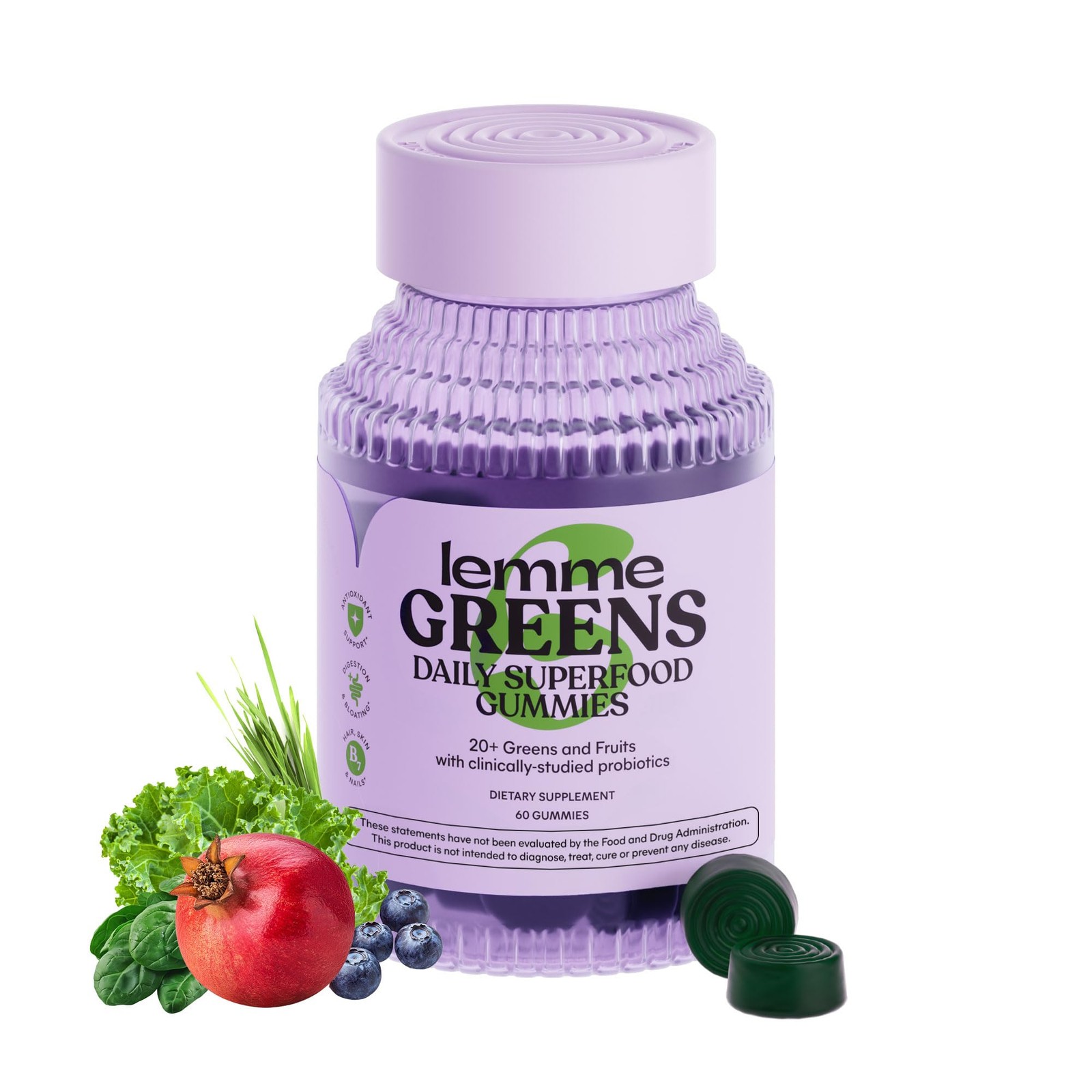 Lemme Greens Superfood Gummies, 30-Day Supply 60 Count (Pack of 1), Multicolor
