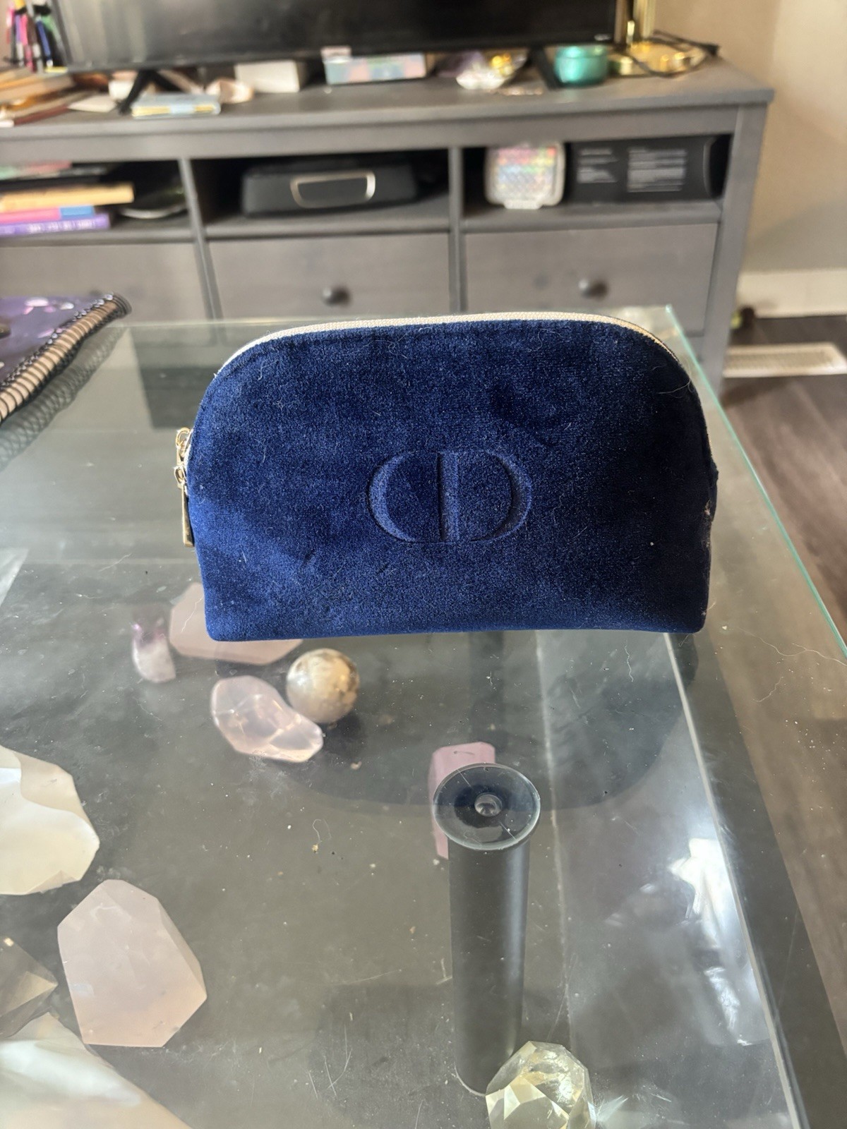Christian Dior Beauty CD Logo Navy Blue Velvet Cosmetic Zip Bag Pouch