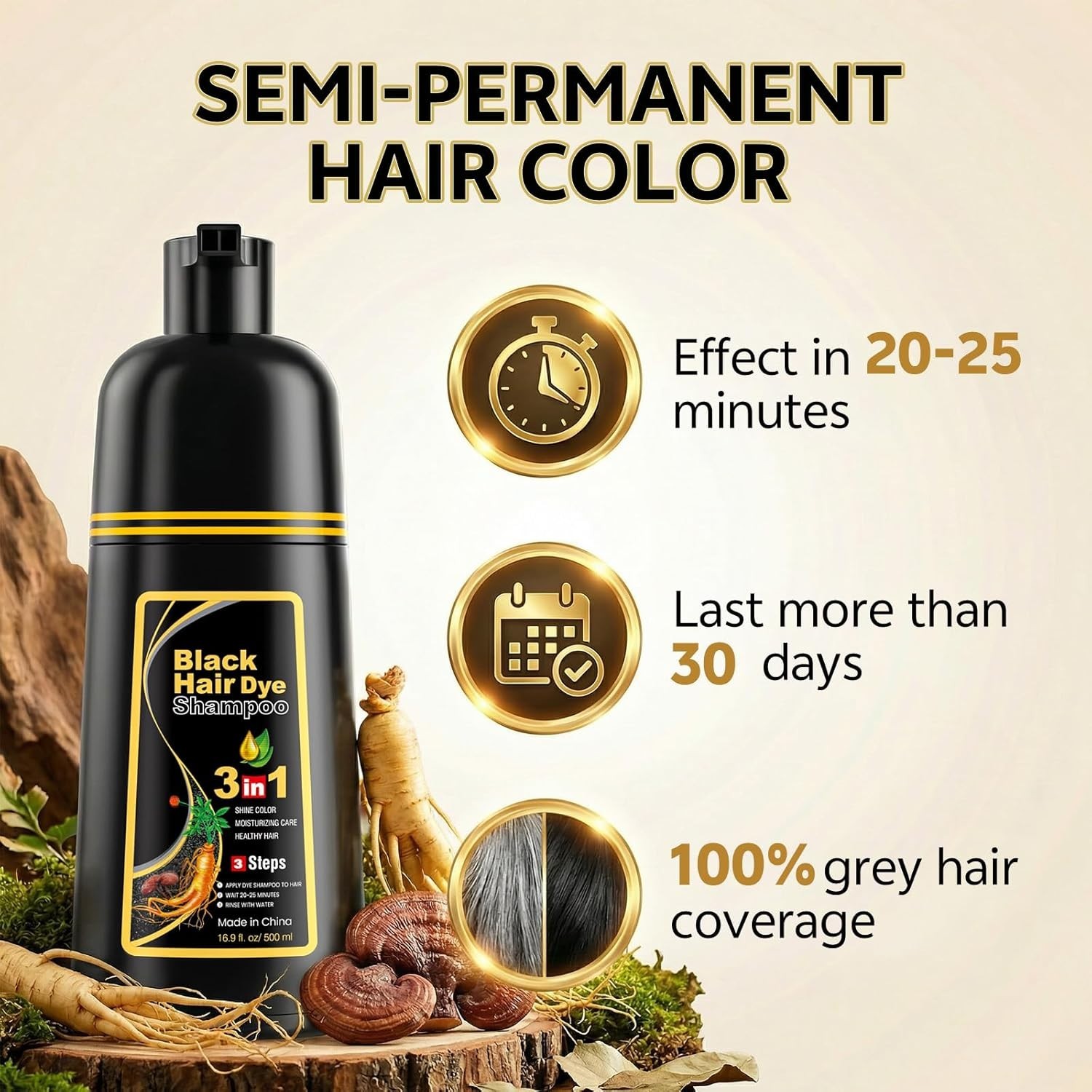 Black Hair Dye Shampoo 3 in 1 Semi Permanent Hair Color Shampoo for Gray Hair