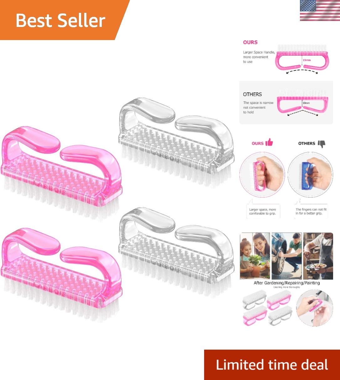 Professional Quality Handle Grip Nail Brushes – 4 Pack for All Skin Types