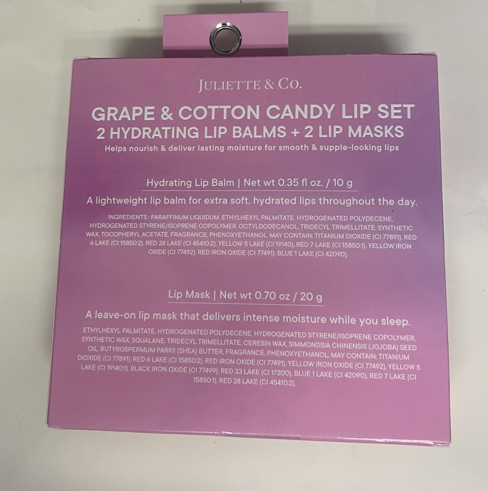 Juliette & Co. Grape/ Cotton Candy Lip Set: 2 Hydrating Lip Balms + 2 lip Masks.