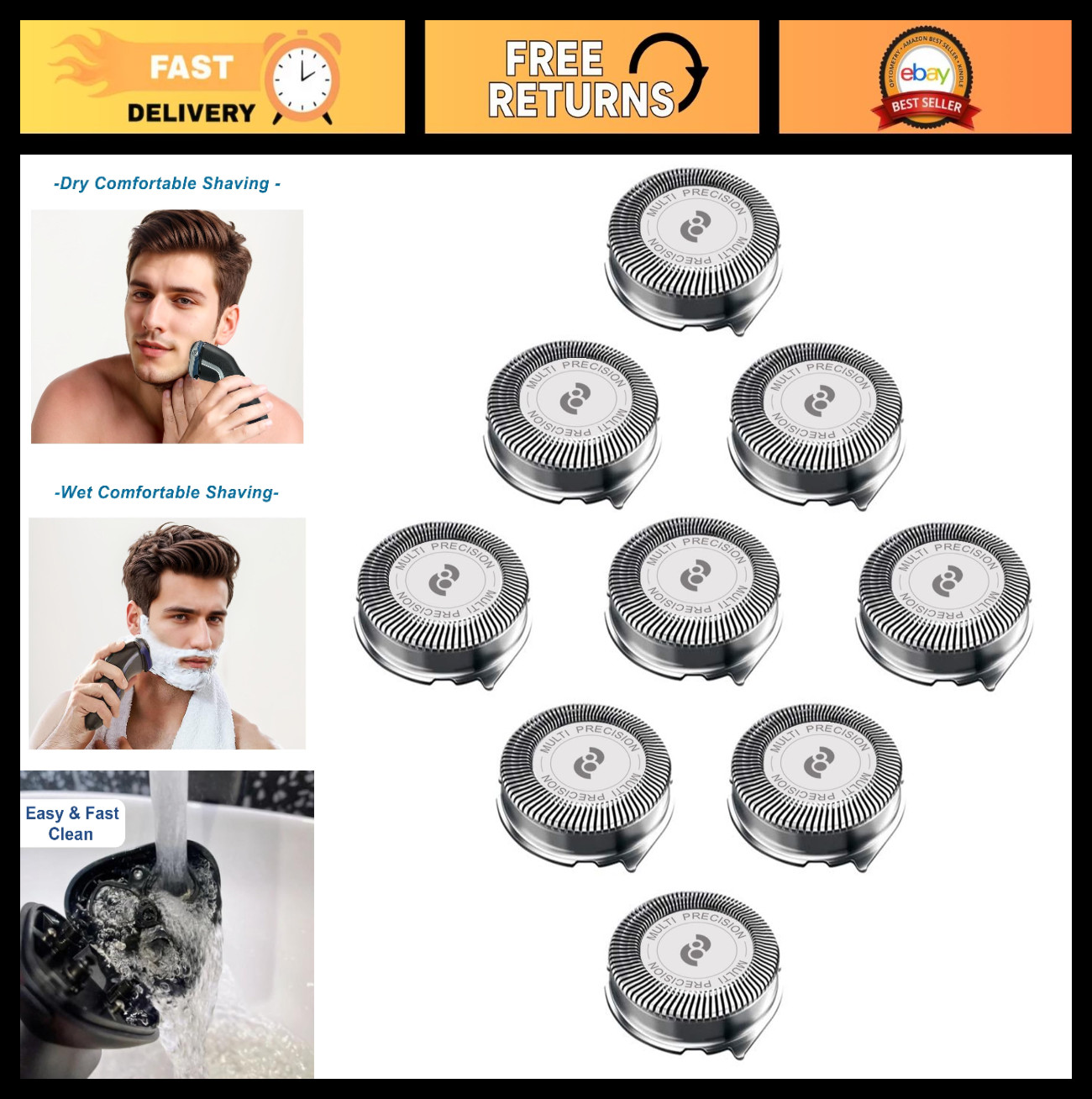 Replacement Heads for Aquatec Shaver – 9 PCS Pack, Compatible with Philips Norel