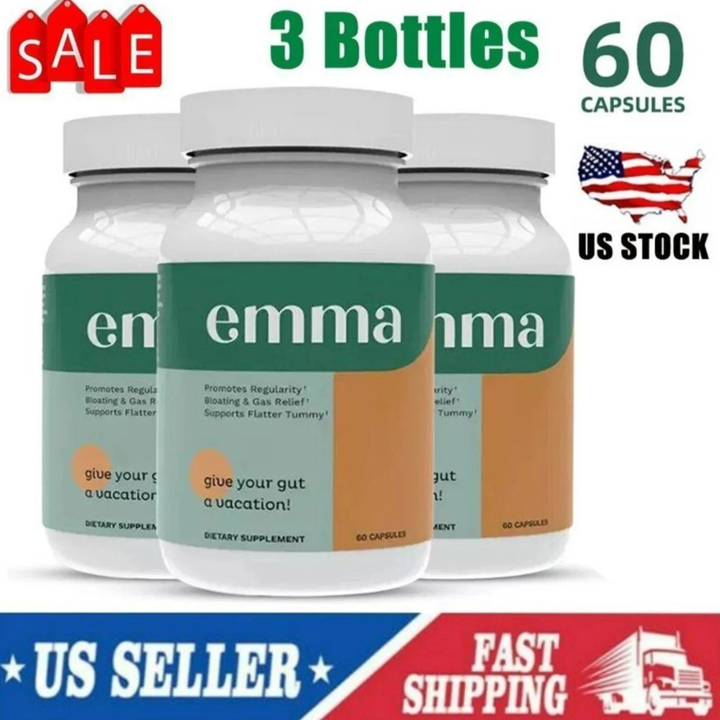 3 Pack Emma Gut Health Supplement 180 Capsules for Bloating Relief & Leaky Gut+-