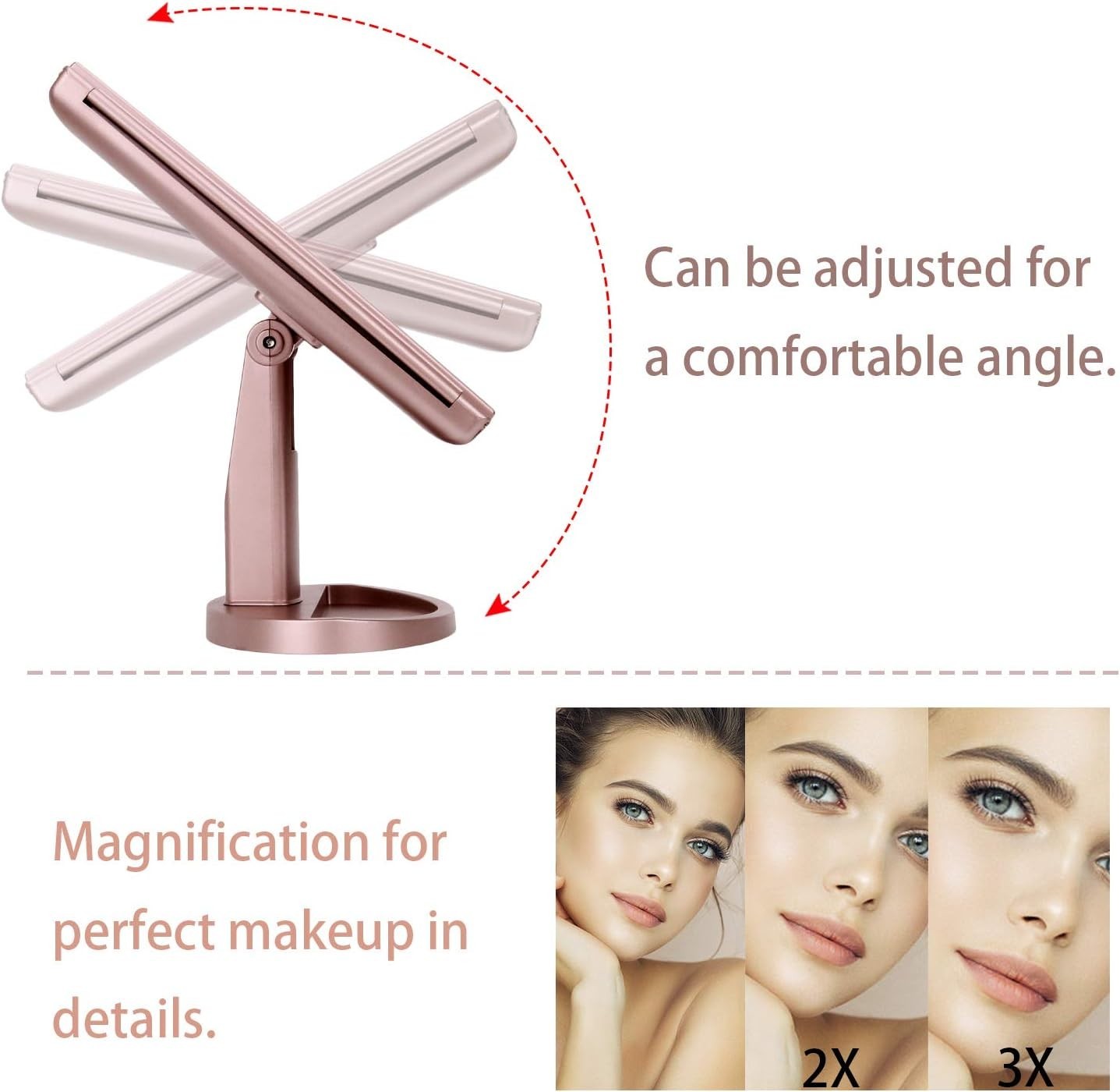Elegant Tri-Fold Lighted Vanity Mirror: 3X/2X/1X Magnification & Rechargeable