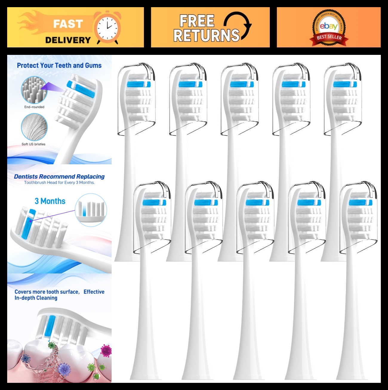 Replacement Toothbrush Heads for Electric Toothbrushes, 10 Pack, White, Compatib