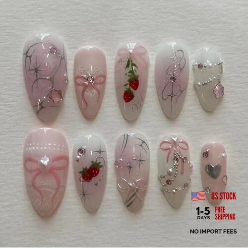 Almond Press on Nails Medium Strawberry Fake Nails with Pink Bow Design 3D
