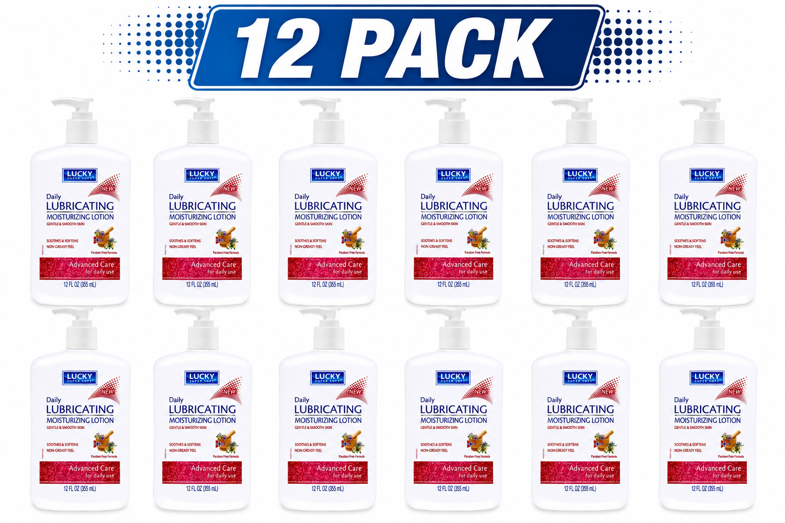 12 Pack Lucky Daily Lubricating Moisturizing Lotion 12 fl oz Pump Bottles