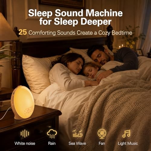 Full-Screen Wake Up Light Sunrise Alarm Clocks for Bedrooms, Honey Oak Wood