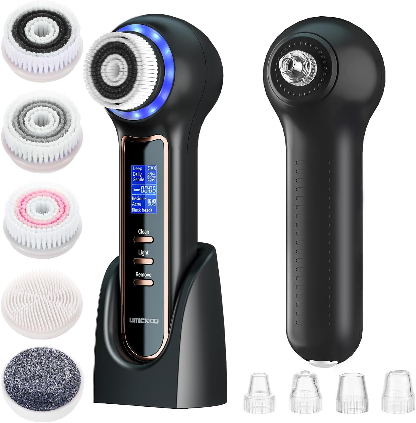UMICKOO Electric Facial Cleansing Brush with LCD Screen, 3-In-1 Face Scrubber &