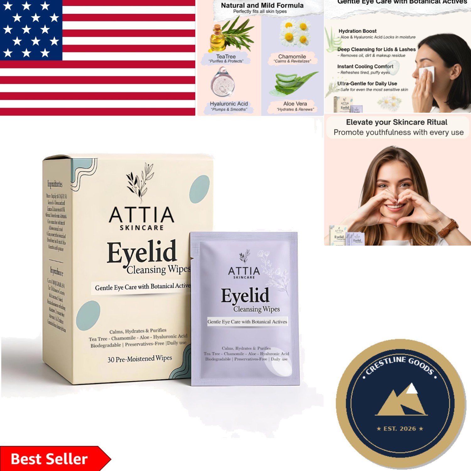 ATTIA 30-Count Micellar Wipes for Hydrating Eyelid Care – Fragrance-Free