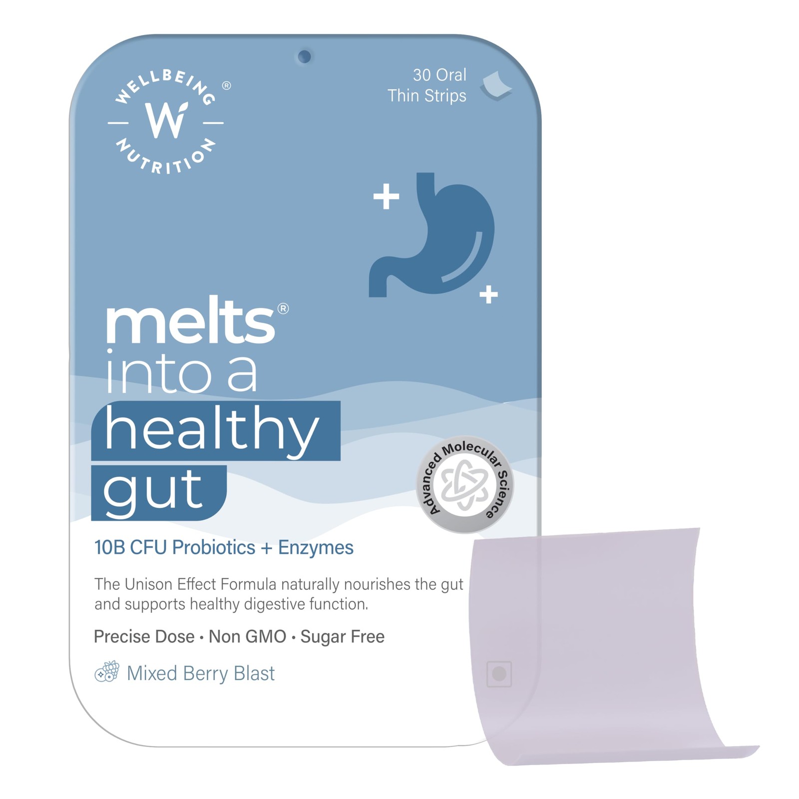Wellbeing Nutrition Melts Healthy Gut – Probiotics, Enzymes – 30 Oral Strips