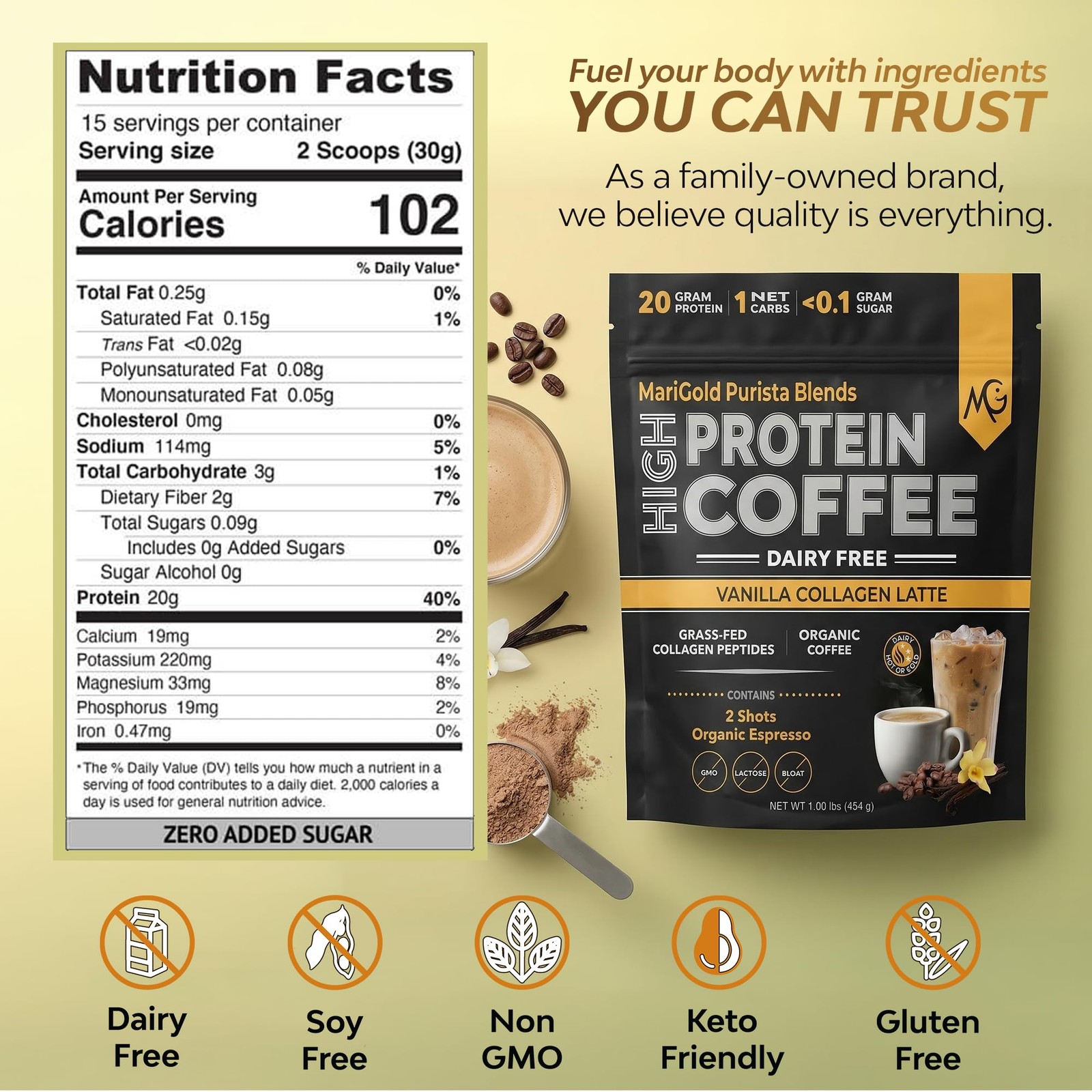 MariGold High Protein Collagen Coffee Vanilla Collagen Latte, Dairy Free, 20…