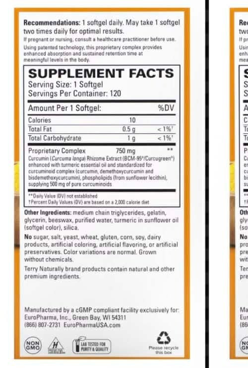 Terry Naturally Superior Absorption Curcumin 120 Caps NonAddicting EXP2027+
