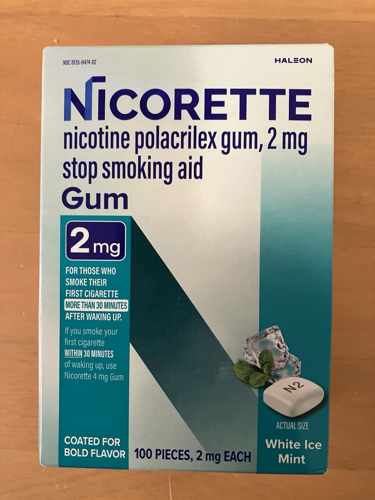 Nicorette Nicotine Gum 2mg. White Ice Mint flavor, 100ct. Exp. 01/2028
