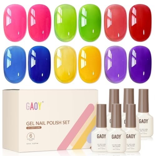 Neon Gel Nail Polish of 6 Summer Colors Yellow Blue Green Red Pink Purple Jel…