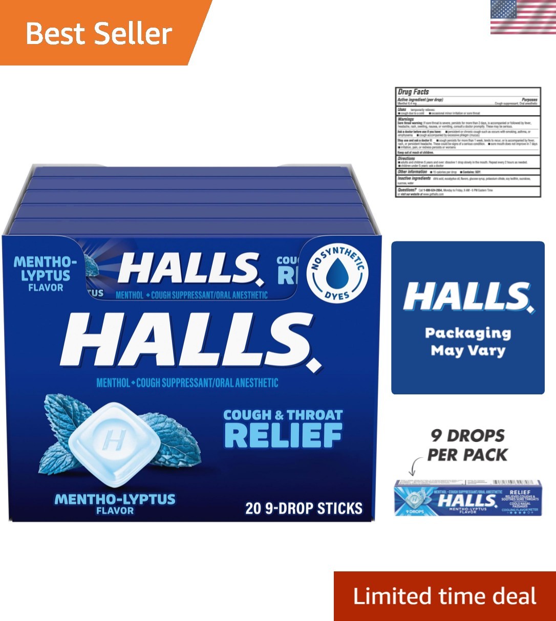 Cough and Throat Relief Mentho-Lyptus Cough Drops, 20 Sticks of 9 180 Total D…