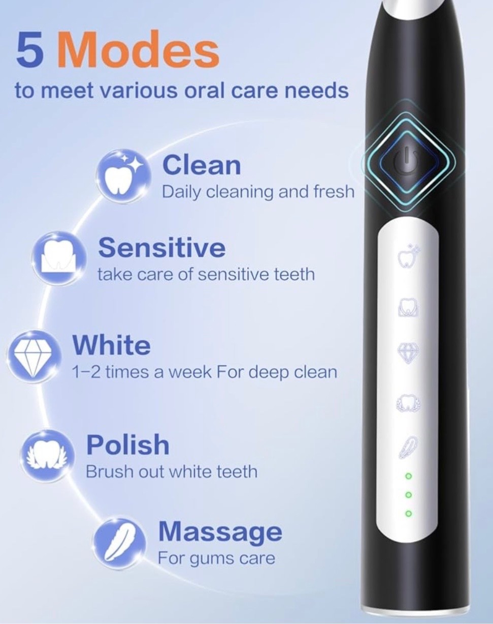 Sonic Electric Toothbrushes for Adults – Rechargeable with Travel Case, 8 Brush