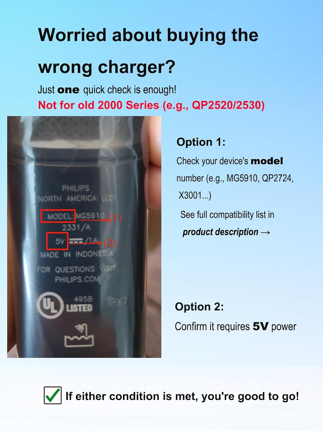 5V UL Charger for Philips Norelco Oneblade 360 2000 Series QP2724 X3001 X3052, R