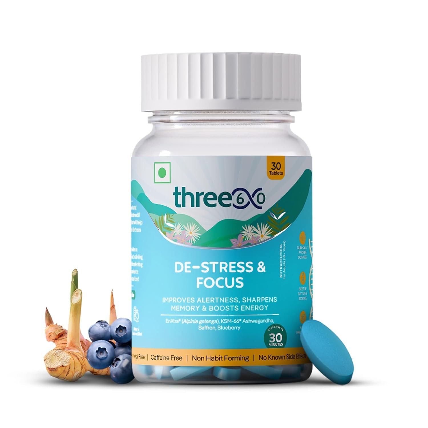 Three60+ De-Stress & Focus 30 Tablets Boost Energy, Alertness, Sharpens & Memory