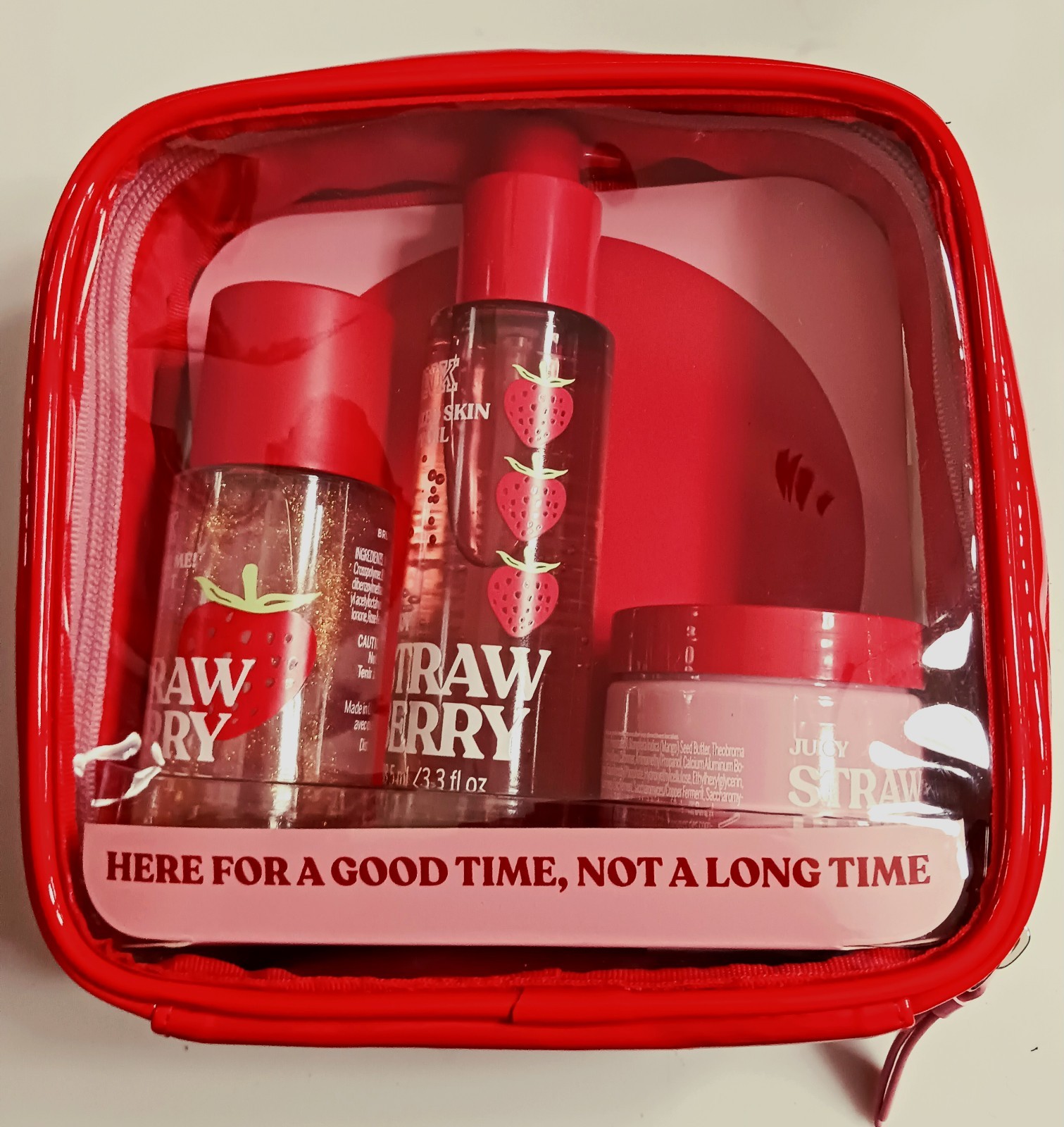 Victoria Secrets Shimmer Strawberry Let’s Glow Away Travel size set Of 3