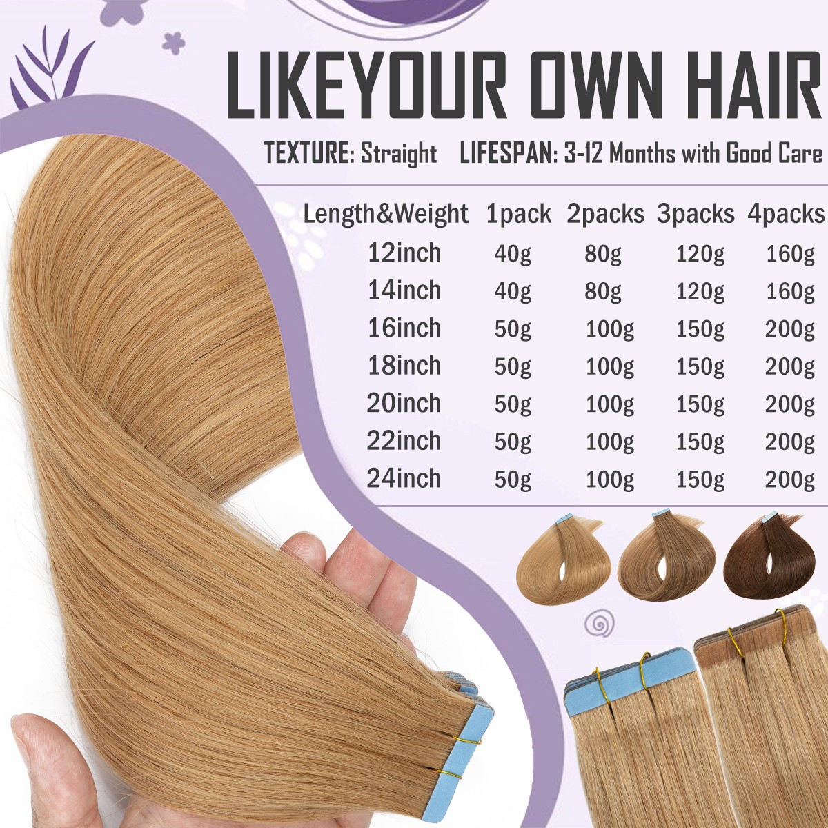 Tape in Highlight 60 Pieces Thick Skin Weft Russian Remy Human Hair Extensions