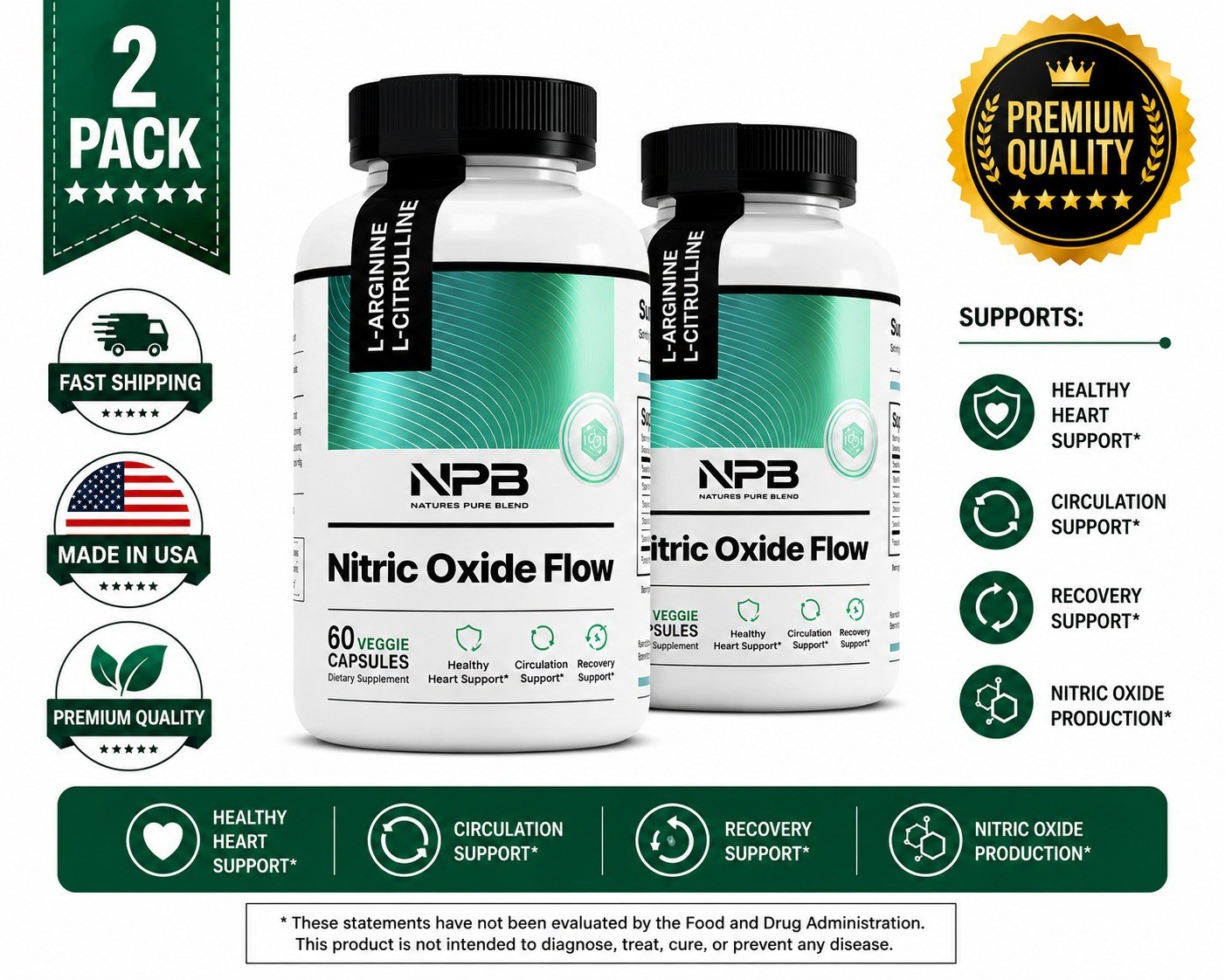 Nature’s Pure Blend Nitric Oxide Flow 2 Pack 60 Capsules Each 1500mg Formula