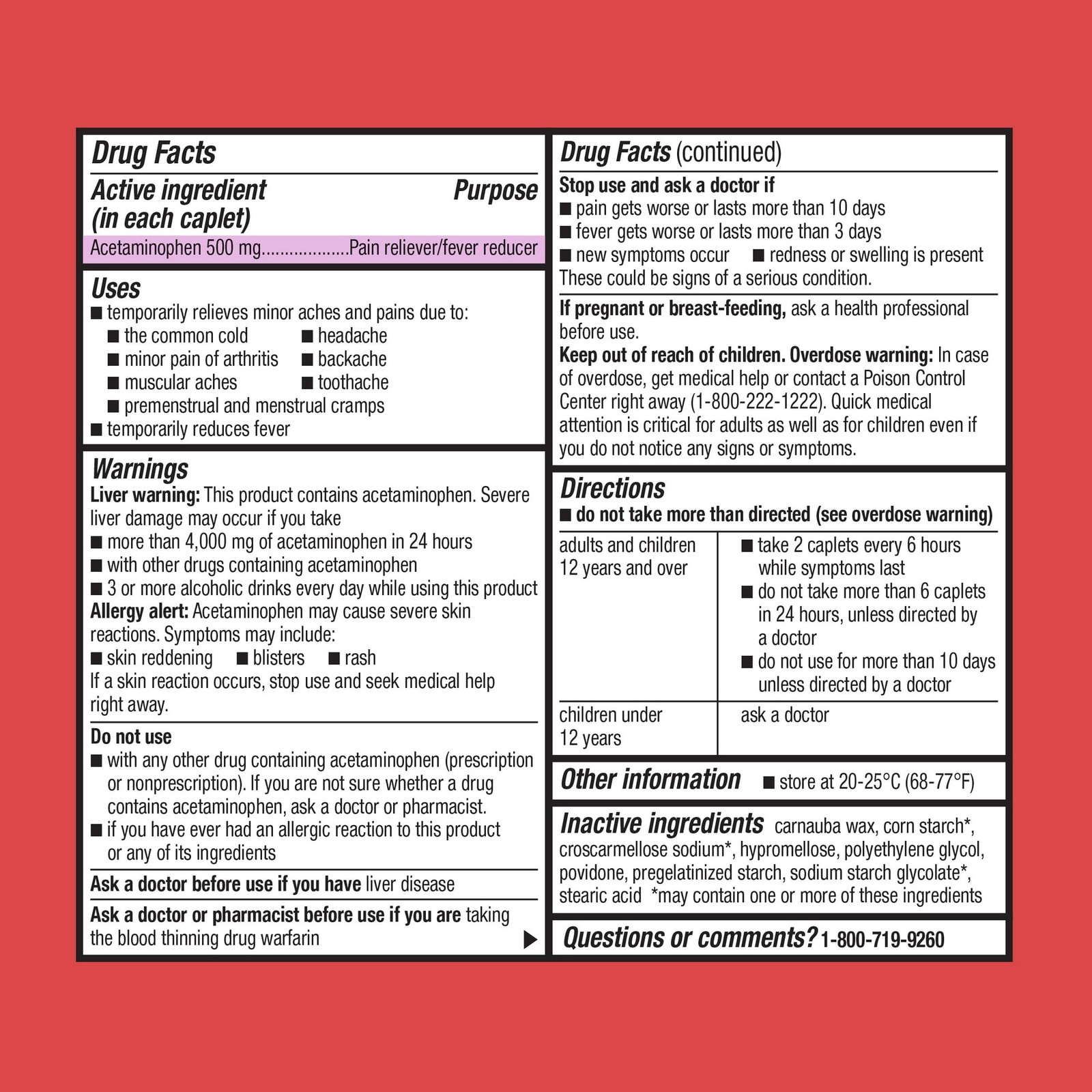 Equate Extra Strength Pain Reliever Acetaminophen Caplets 500mg 200 Count