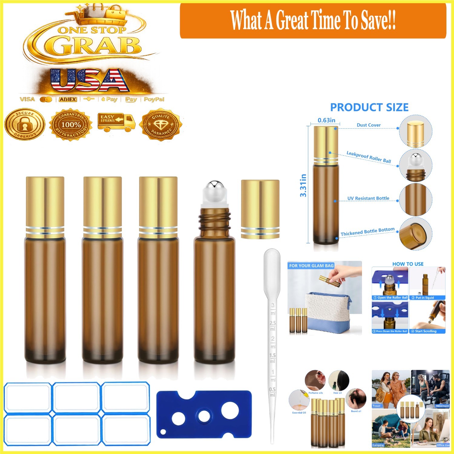 4 Pack Refillable Amber Glass Essential Oil Roller Bottles 10ml Leak-Proof