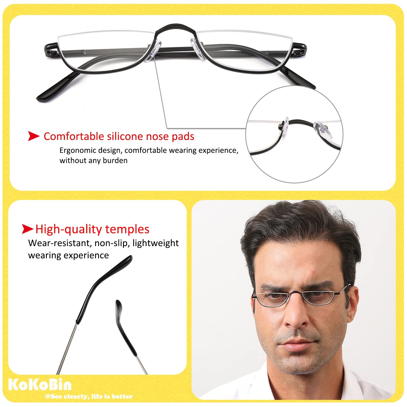 Half Reading Glasses – 2 Pairs Half Rim Metal Frame Glasses Spring Hinge Readers