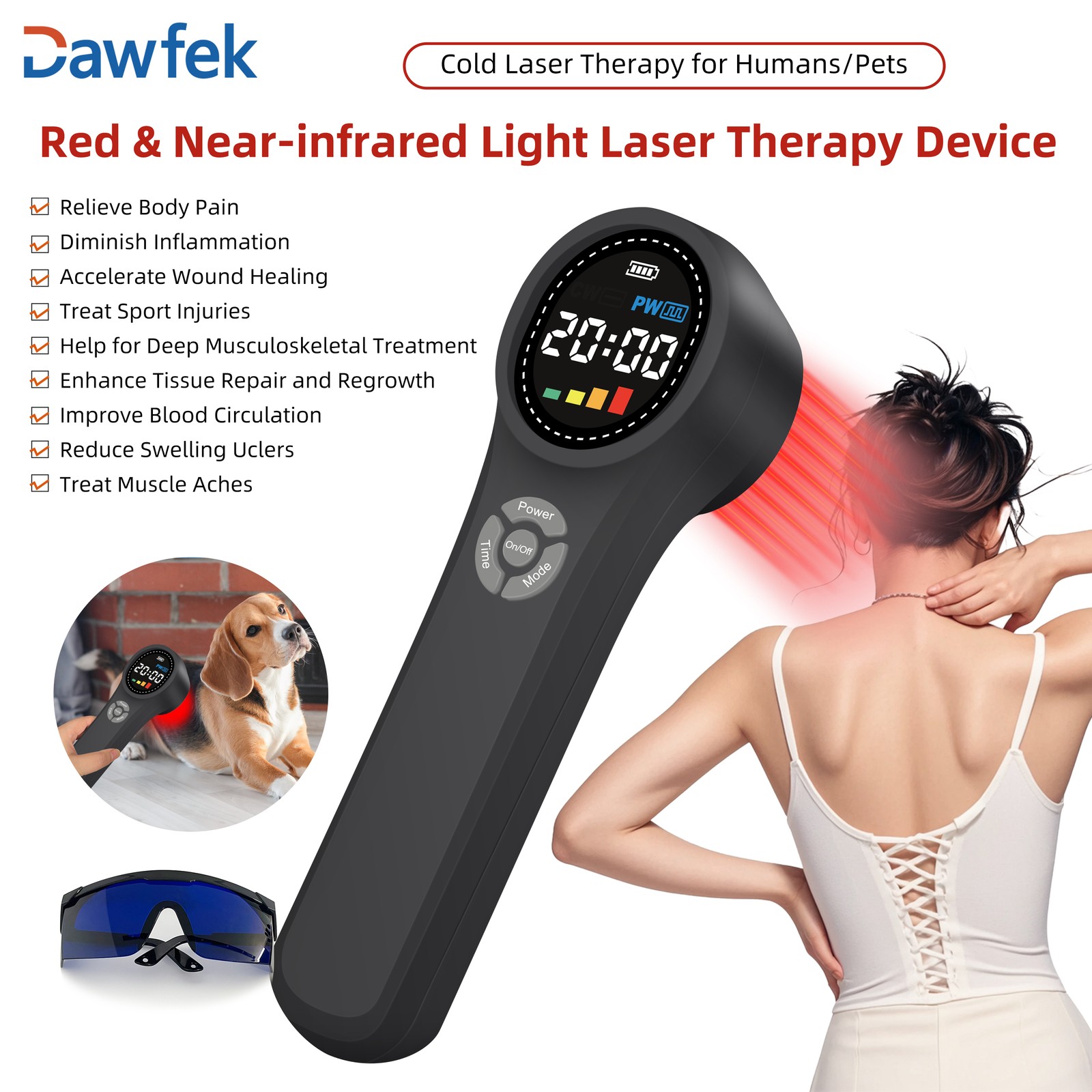 Dawfek 1760mW Cold Laser Therapy Device for Back Joint Pain Relief 660+810+980nm