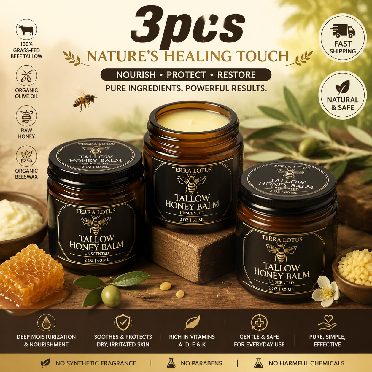 3PCS Terra Lotus Organic Beef Tallow Balm Raw Honey Citrus Moisturizing Cream