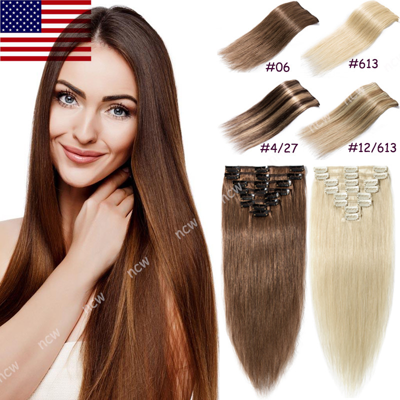 8 Pieces Clip in Extension 100% Real Remy Human Hair Extensions Full Head Blonde