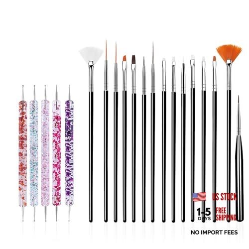 FULINJOY 20PCS Nail Art Design Tools – 15PCS Nail Art Painting Brushes (Black)