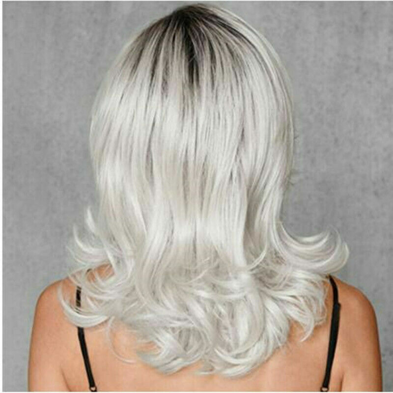 Women Ash Blonde Gray Silver White Ombre Wavy Curly Wig Shoulder Length Hair
