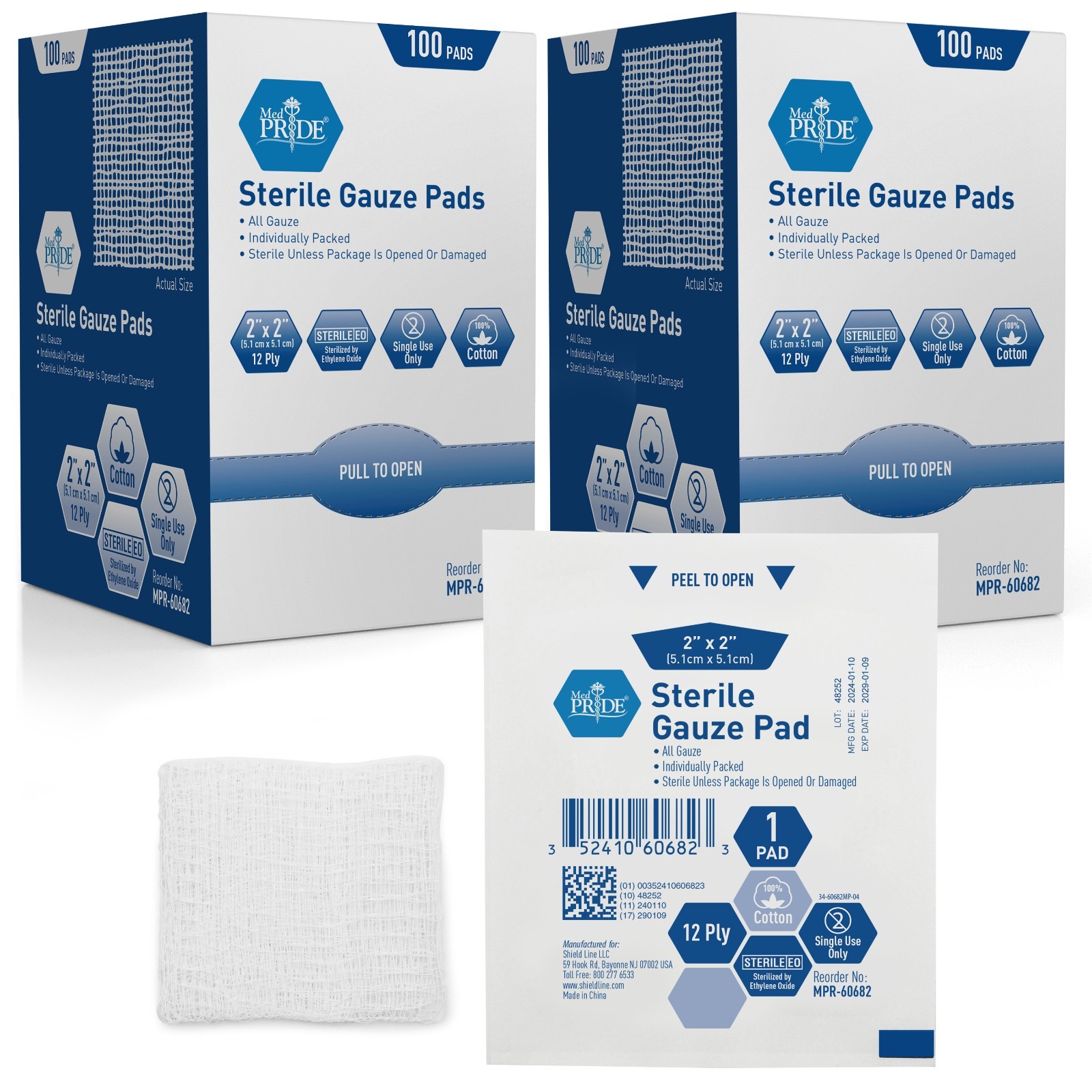 MED PRIDE Sterile Nonstick 12-Ply Gauze Pads 2×2-4×4 Cotton Absorbent 200-400ct