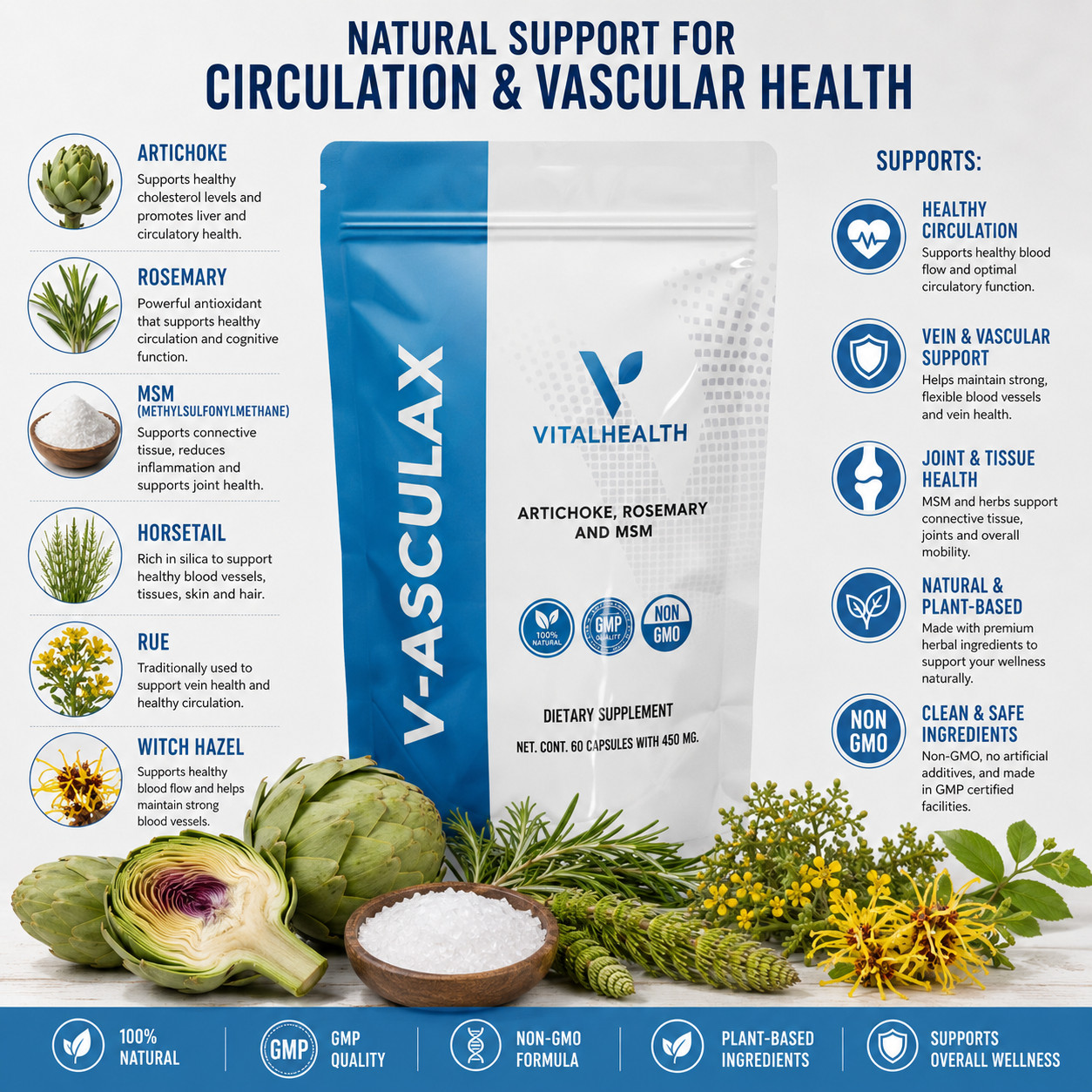 V-Asculax Vital Health Blood Circulation Flow Up Support MSM 60 Caps