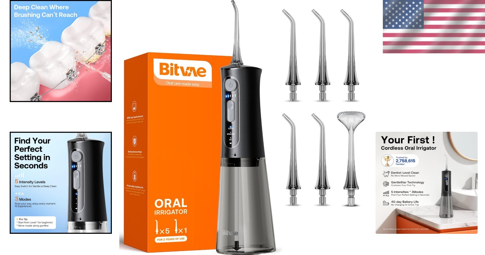 Rechargeable Waterproof Dental Flosser – 6 Tips and 3 Modes for Optimal Cleaning