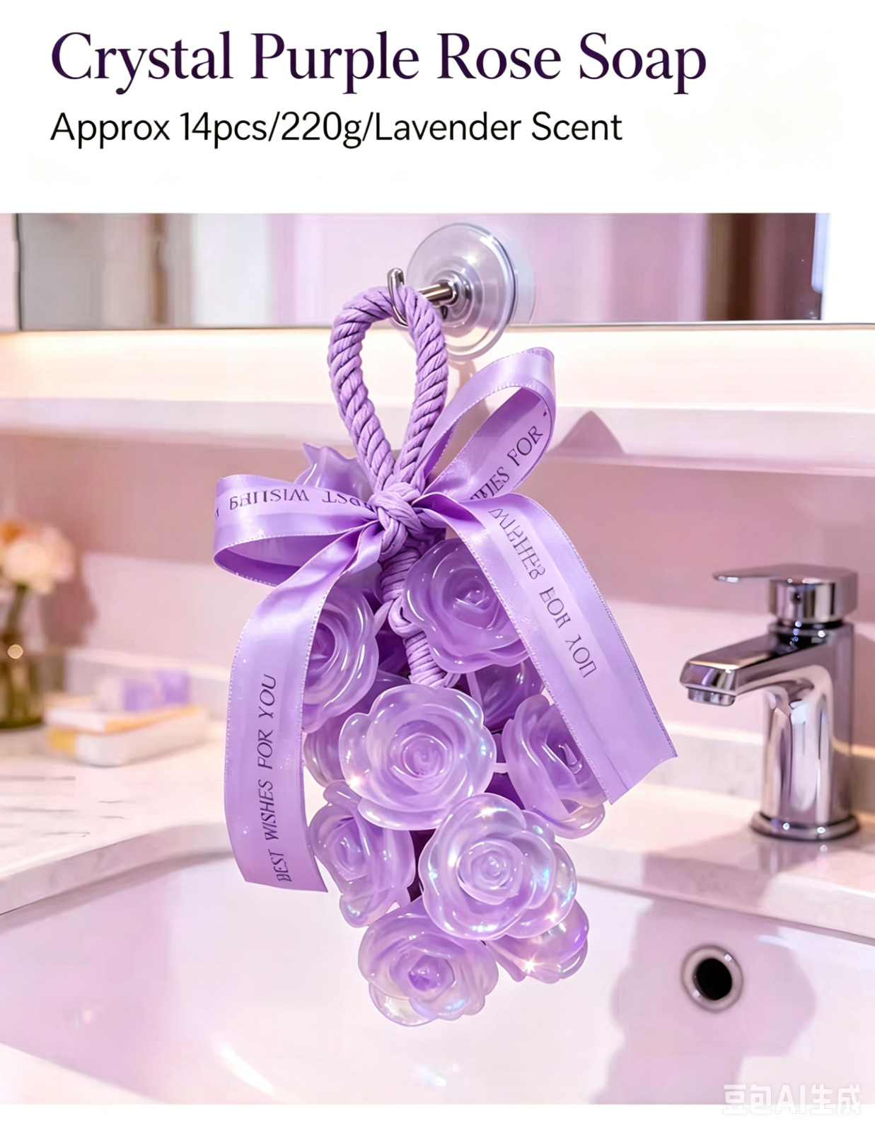 Hanging Crystal Rose Scented Soap Bar Gift Ornament, 220g Floral Fragrance Hand