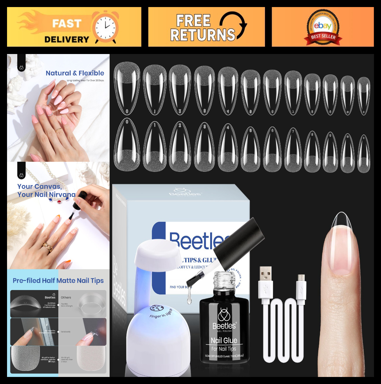 504pcs Gel Nail Kit with 9-in-1 Glue & Mini Lamp, Almond Short Press-On Tips, DI