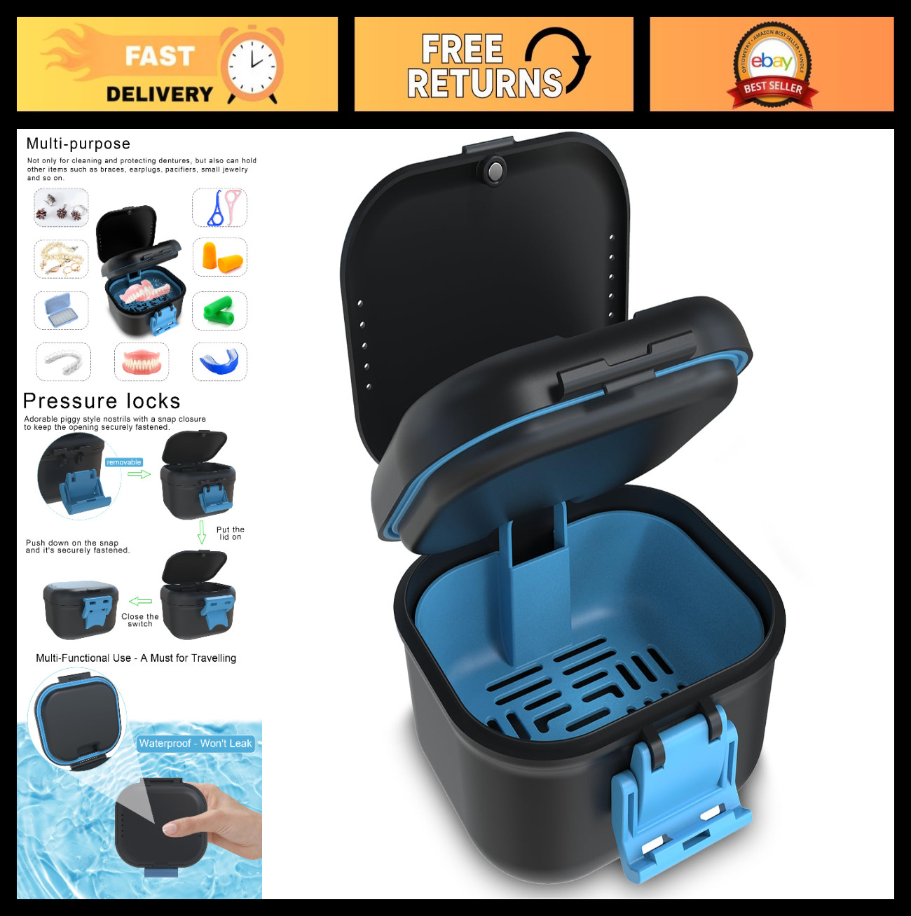Leak Proof Denture Bath Cup with Strainer | Portable Travel Soaking Case for Ret