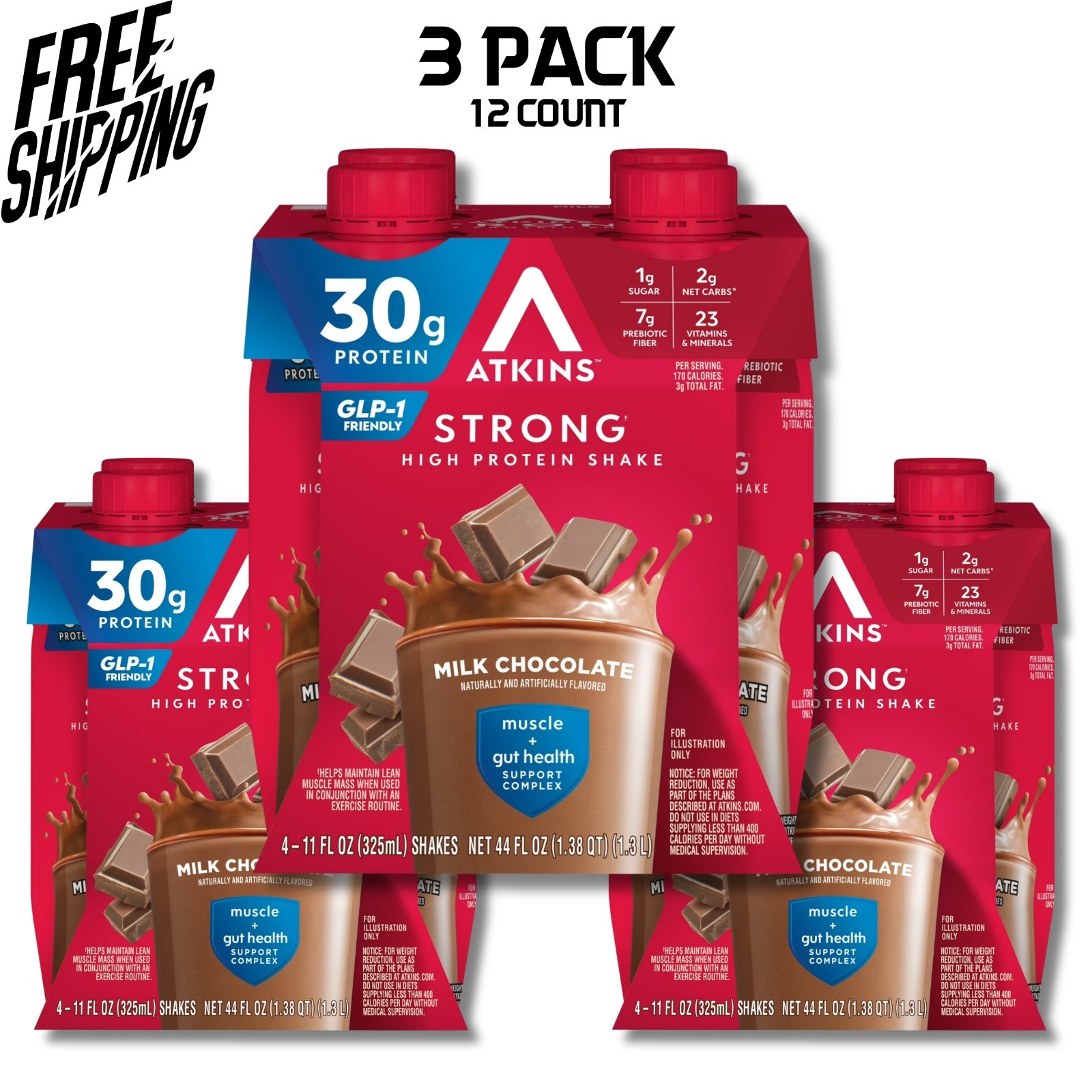 (3 Pack of 4 count) Atkins Strong High Protein Shake, Milk Chocolate, 30g